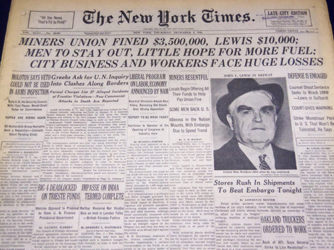1946 DECEMBER 5 NEW YORK TIMES - MINERS UNION FINED $3,500,000 - LEWIS - NT 873