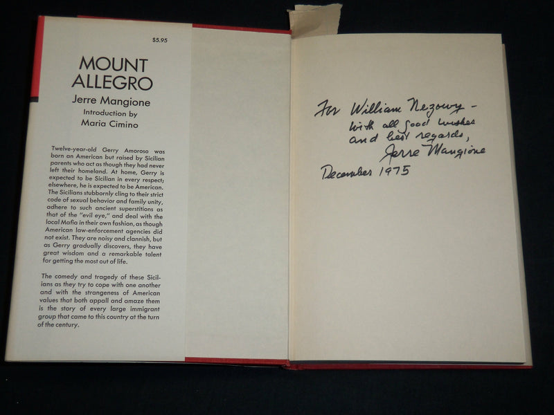 1972 MOUNT ALLEGRO HARDCOVER BOOK INSCRIBED BY JERRE MANGIONE - D 461