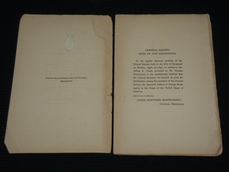 1896 THE FAIRWELL ADDRESS OF GEORGE WASHINGTON SOFTCOVER BOOK - J 6947