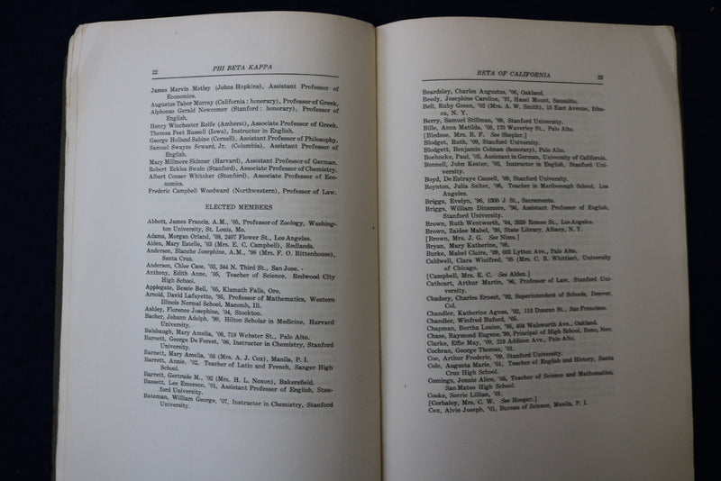 1909 STANFORD UNIVERSITY PHI BETA KAPPA SOFTCOVER BOOK - K 1362