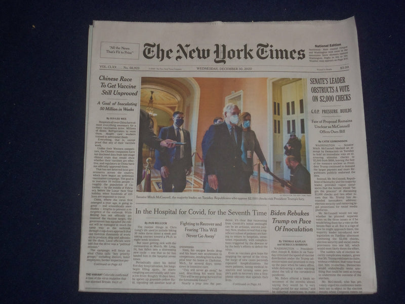 2020 DECEMBER 30 NEW YORK TIMES -SENATE'S LEADER OBSTRUCTS VOTE ON $2,000 CHECKS