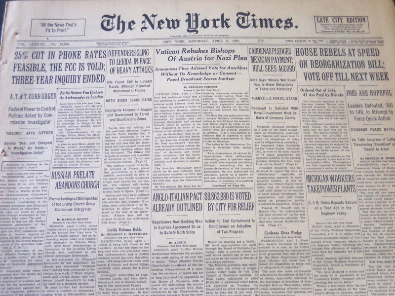 1938 APRIL 2 NEW YORK TIMES - DEFENDERS CLING TO LERIDA - NT 6277