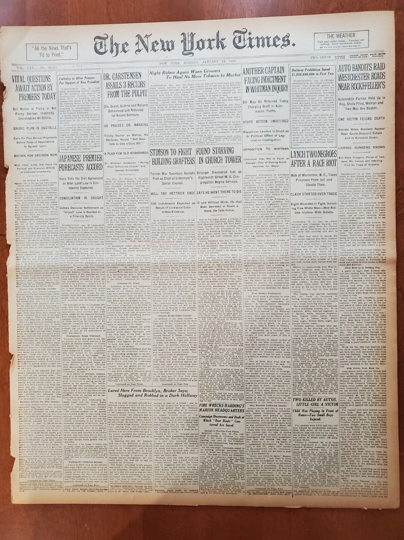 1921 JANUARY 24 NEW YORK TIMES - DR. CARSTENSEN ASSAILS 3 RECTORS - NT 8103