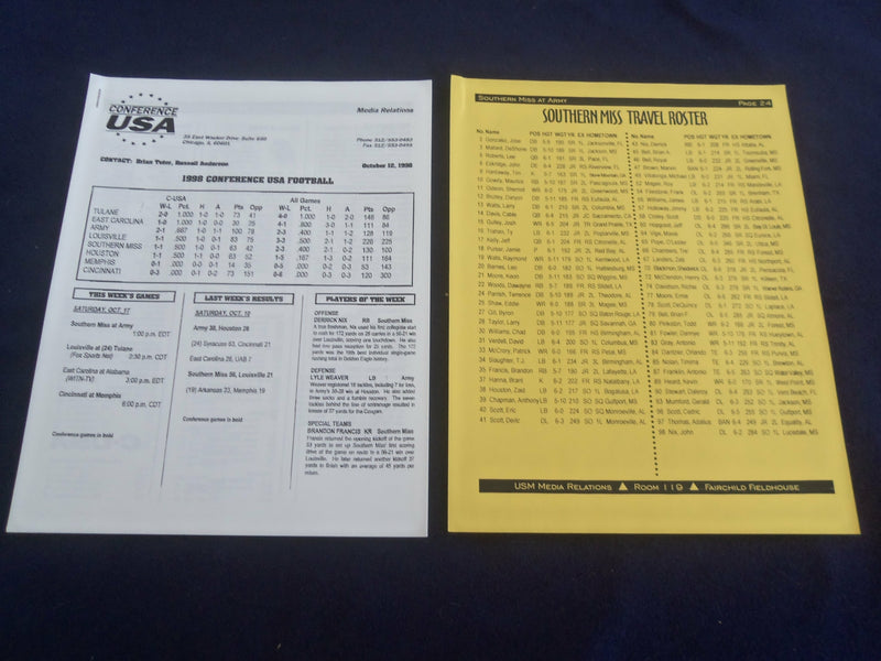 1998 OCTOBER 17 SOUTHERN MISSISSIPPI AT ARMY FOOTBALL GAME PRESS KIT - ST 4628E