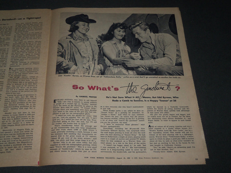 1959 AUGUST 16 NEW YORK MIRROR MAGAZINE SECTION - EDD BYRNES COVER - J 2952