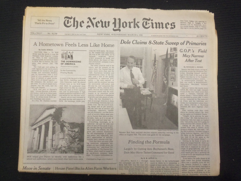 1996 MARCH 6 NEW YORK TIMES NEWSPAPER-DOLE CLAIMS 8-STATE PRIMARY SWEEP- NP 7023