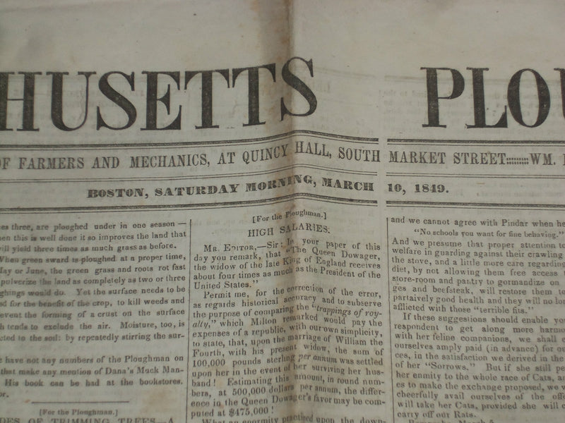 1849 MAR 10 MASSACHUSETTS PLOUGHMAN NEWSPAPER- TAYLOR INAUGURAL ADDRESS- NP 5162
