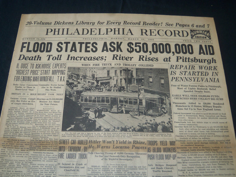 1936 MARCH 23 PHILADELPHIA RECORD NEWSPAPER - FLOOD STATES ASK FOR AID - NT 7250