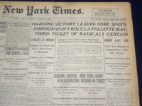 1920 JUNE 14 NEW YORK TIMES - HARDING VICTORY LEAVES SORE SPOTS - NT 9114