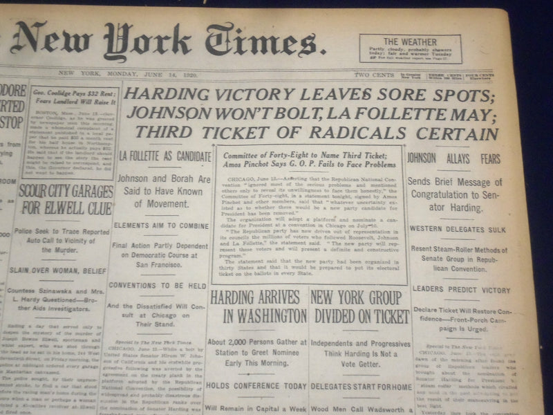 1920 JUNE 14 NEW YORK TIMES - HARDING VICTORY LEAVES SORE SPOTS - NT 9114