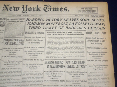 1920 JUNE 14 NEW YORK TIMES - HARDING VICTORY LEAVES SORE SPOTS - NT 9114