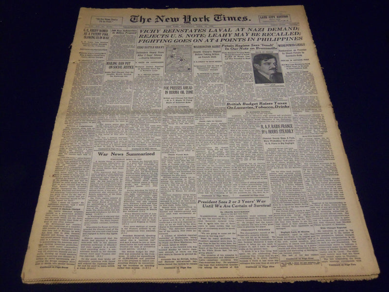 1942 APRIL 15 NEW YORK TIMES - VICHY REINSTATES LAVAL AT NAZI DEMAND - NT 1148