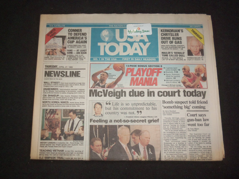 1995 APRIL 27 USA TODAY NEWSPAPER - MCVEIGH DUE IN COURT TODAY - NP 7786