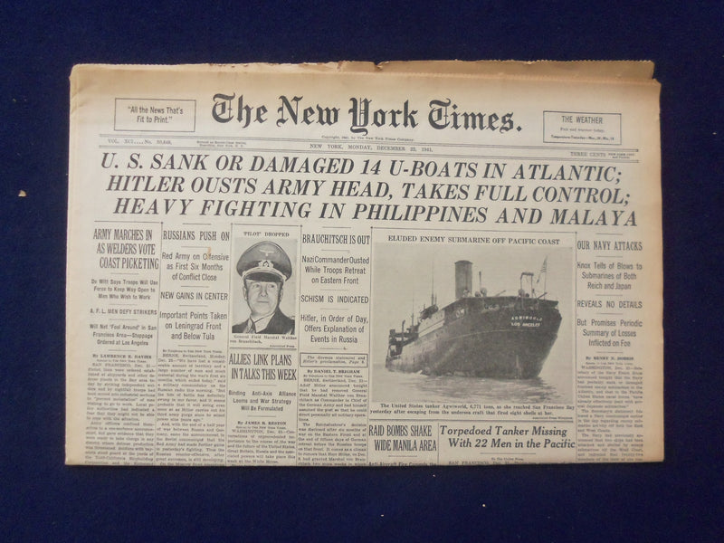 1941 DEC 22 NEW YORK TIMES-U.S. SANK OR DAMAGED 14 U-BOATS IN ATLANTIC - NP 6487