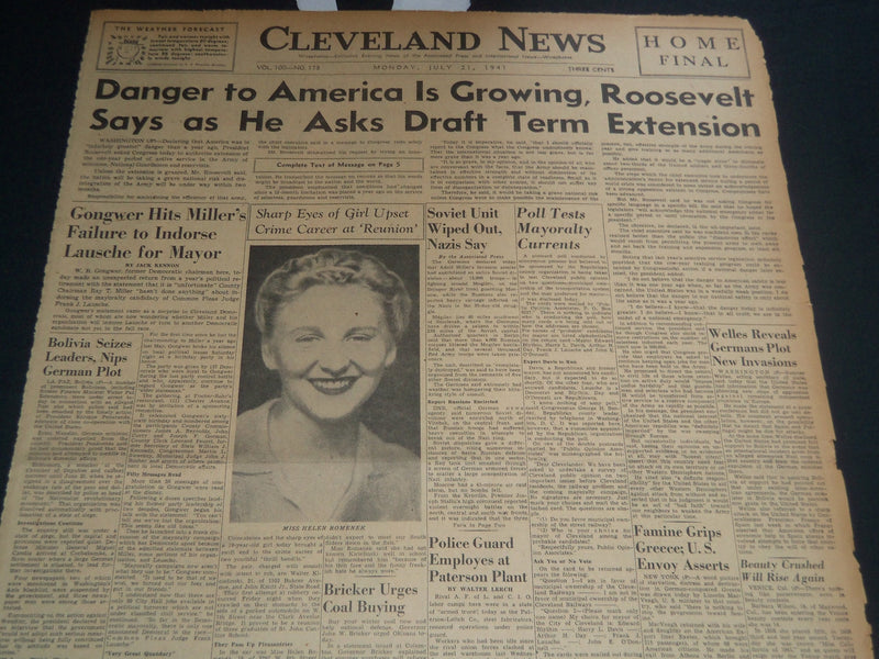 1941 JULY 21 CLEVELAND NEWS NEWSPAPER - DANGER TO AMERICA IS GROWING - NT 7464