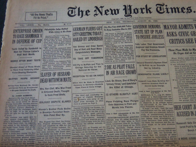 1930 AUGUST 28 NEW YORK TIMES - ENTERPRISE TO RACE SHAMROCK V FOR CUP - NT 5633