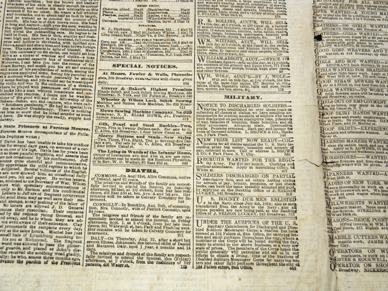 1865 SEPTEMBER 1 THE NEW YORK SUN NEWSPAPER - WIRZ CASE - NP 8954