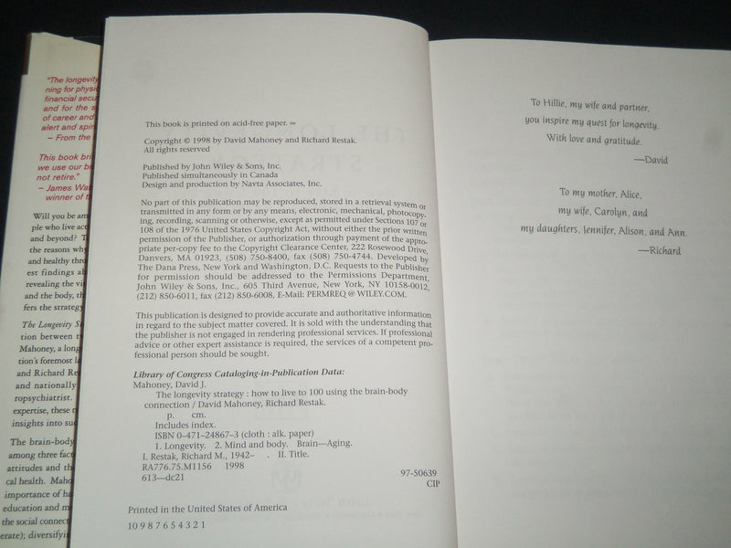 1998 THE LONGEVITY STRATEGY BOOK SIGNED -DAVID MAHONEY & RICHARD RESTAK- KD 5537