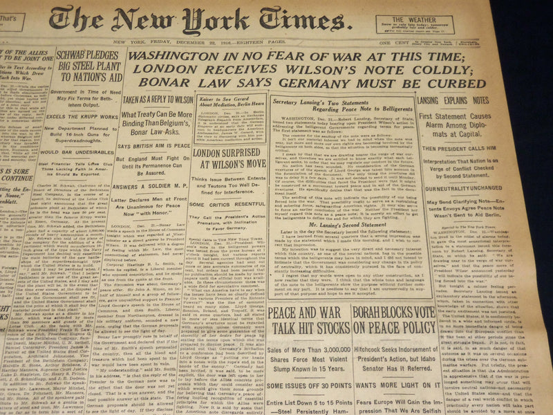 1916 DECEMBER 22 NEW YORK TIMES - WASHINGTON IN NO FEAR OF WAR - NT 8649