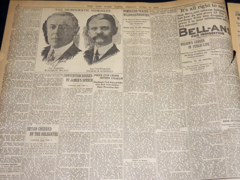 1916 JUNE 16 NEW YORK TIMES - DEMOCRATS RENOMINATE WILSON & MARSHALL - NT 8615