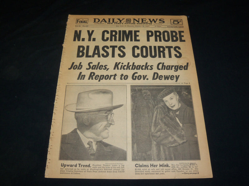 1952 FEBRUARY 28 NEW YORK DAILY NEWS - N. Y. CRIME PROBE BLASTS COURTS - NP 5410