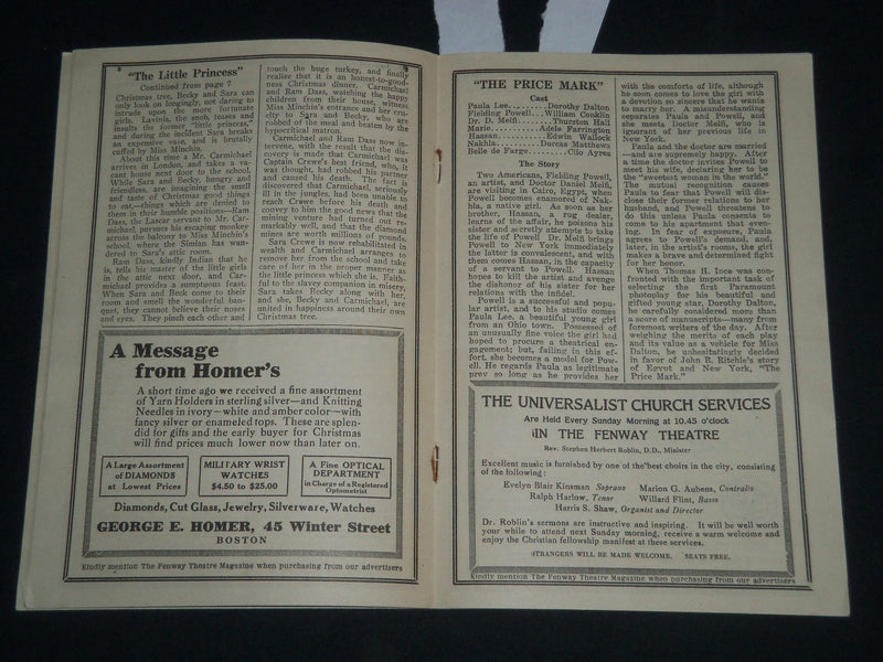 1917 NOV 26-DEC THE FENWAY THEATRE PROGRAM & TICKET - BOSTON - J 4081