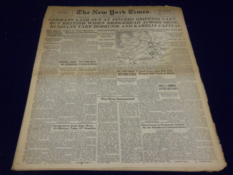 1944 JUNE 30 NEW YORK TIMES - GERMANS LASH OUT AT PINCERS GRIPPING CAEN- NT 1737