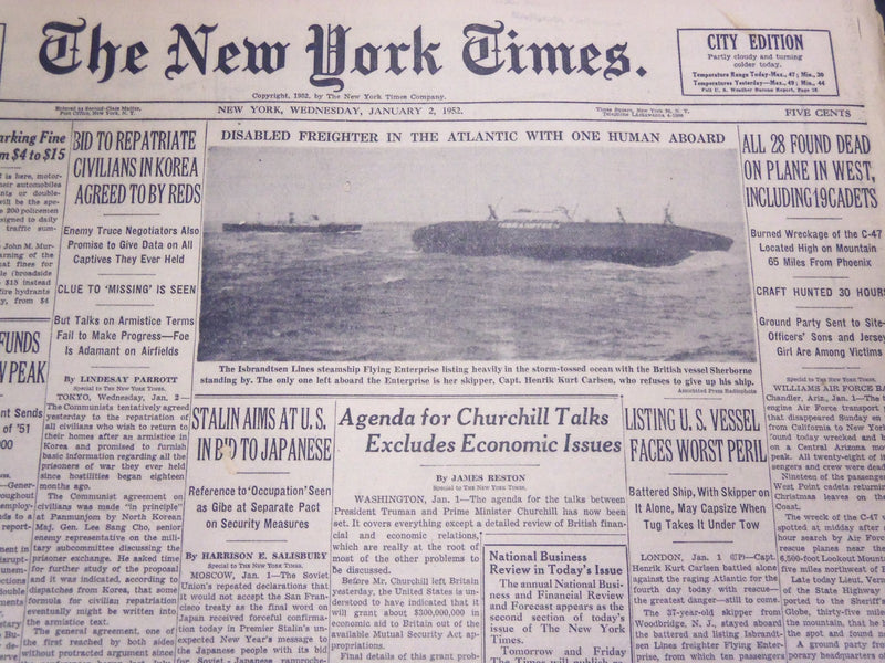 1952 JANUARY 2 NEW YORK TIMES - ALL 28 FOUND DEAD ON PLANE IN WEST - NT 4586
