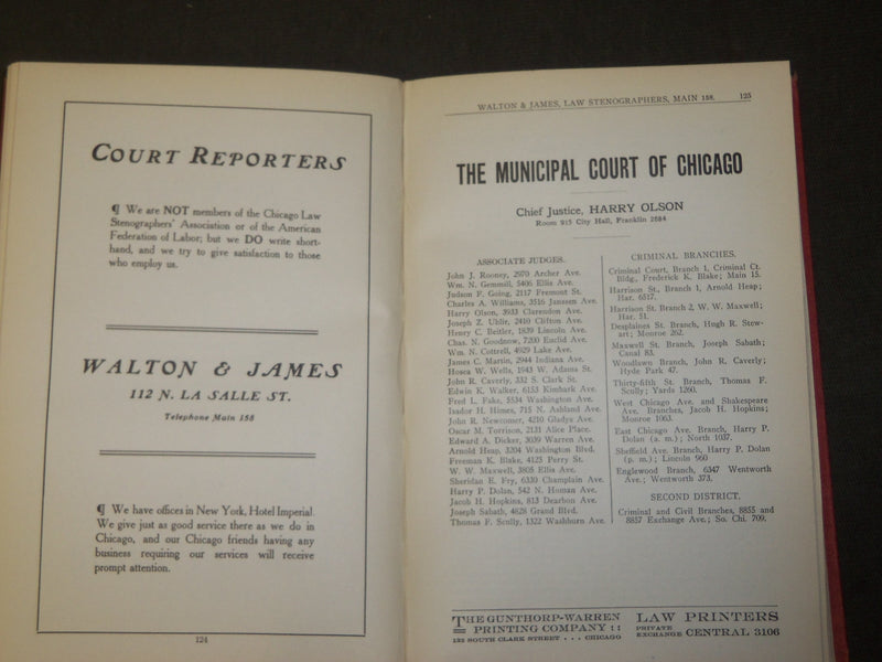 1912-1913 WALTON'S LEGAL DIRECTORY FOR CHICAGO BOOK - 10TH ANNUAL EDN - KD 5200
