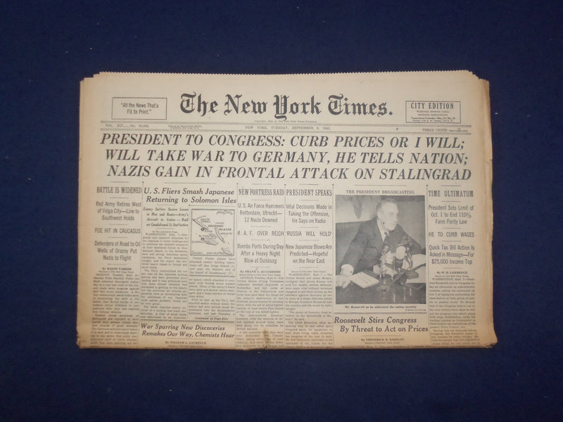 1942 SEP 8 NEW YORK TIMES-PRESIDENT TO CONGRESS: CURB PRICES OR I WILL - NP 6506