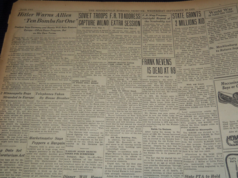 1939 SEPT 20 MINNEAPOLIS MORNING TRIBUNE NEWSPAPER - ALLIES SPURN PEACE- NT 9536
