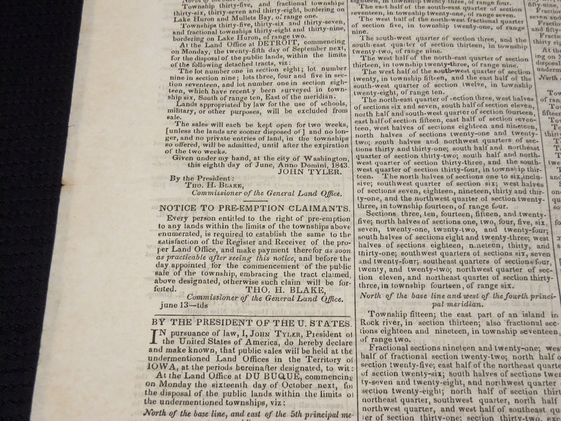 1843 AUGUST 14 THE DAILY MADISONIAN NEWSPAPER - JOHN TYLER -WASHINGTON- NP 3877G