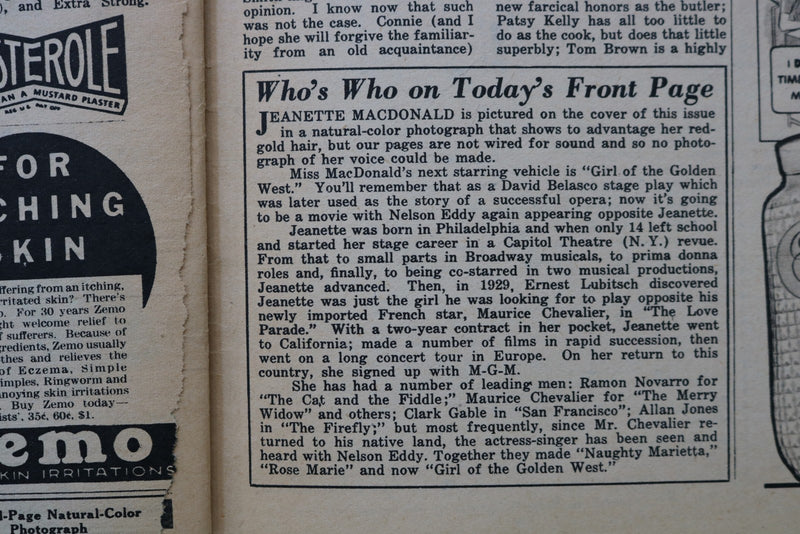 1938 MAR 20 SUNDAY MIRROR NEWSPAPER MAGAZINE SECTION-JEANETTE MACDONALD- NP 9075