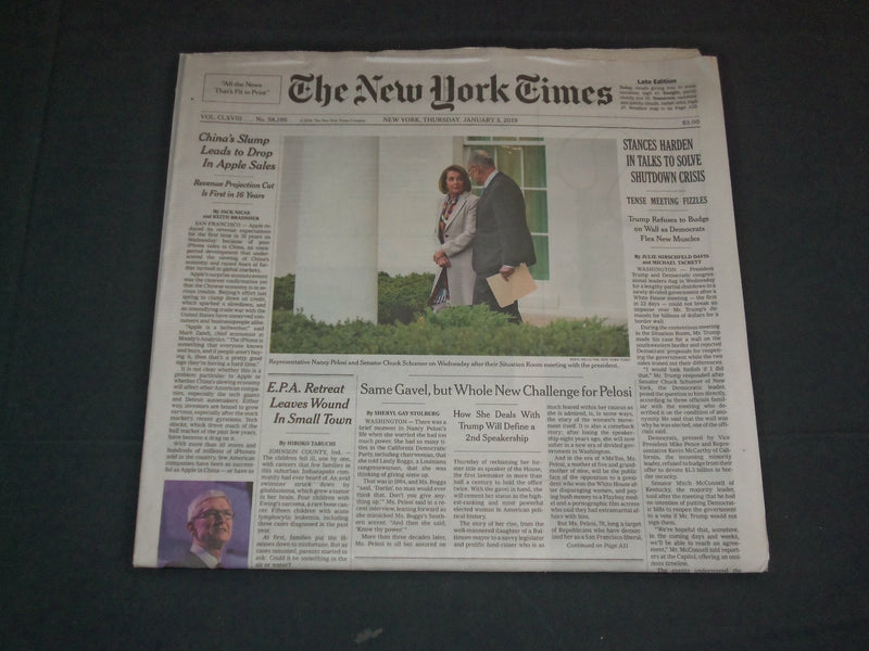 2019 JANUARY 3 NEW YORK TIMES - STANCES HARDEN IN TALKS TO SOLVE SHUTDOWN CRISIS