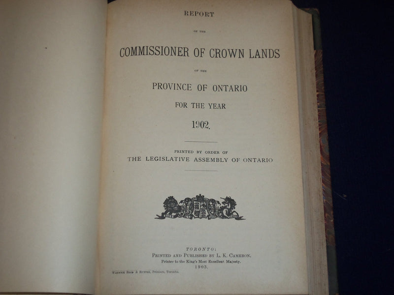 1902 REPORT OF THE COMMISSIONER OF CROWN LANDS PROVINCE OF ONTARIO - KD 2650