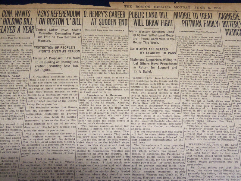 1910 JUNE 6 THE BOSTON HERALD - O. HENRY'S CAREER AT SUDDEN END - BH 330