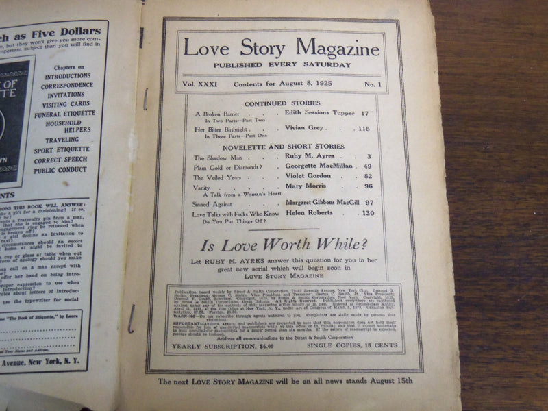 1925 AUGUST 8 LOVE STORY MAGAZINE ILLUSTRATED - MARGARET GIBBONS - K 1135