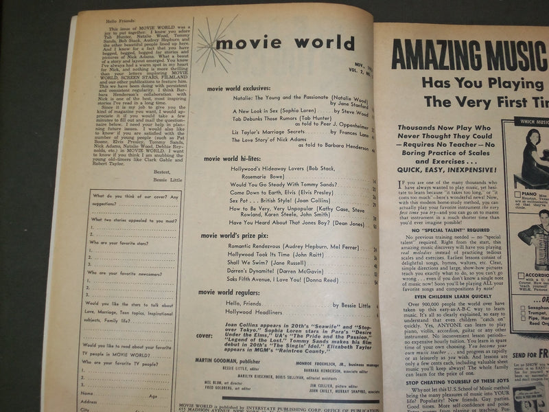 1957 NOVEMBER MOVIE WORLD MAGAZINE - ELIZABETH TAYLOR COVER - M 241