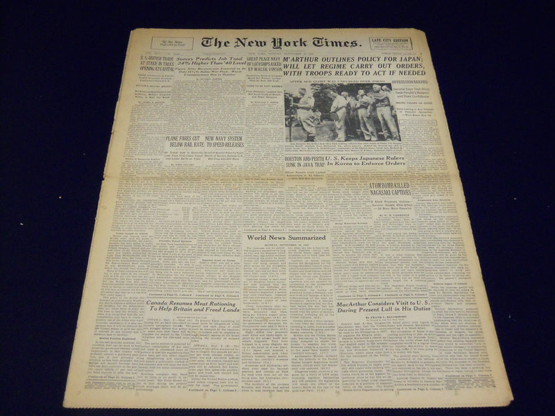 1945 SEPT 10 NEW YORK TIMES - M'ARTHUR WILL LET REGIME CARRY OUT ORDERS - NT 506