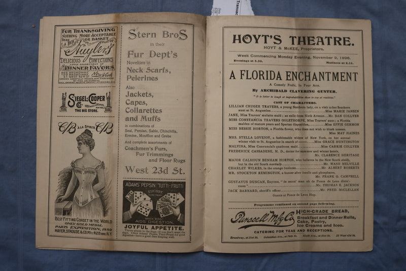 1896 NOVEMBER 9 A FLORIDA ENCHANTMENT - HOYT'S THEATRE PROGRAM - K 2612