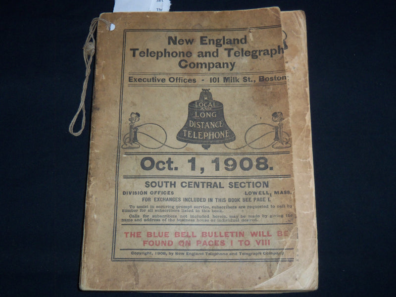 1908 NEW ENGLAND TELEPHONE & TELEGRAPH CO. SOUTH CENTRAL PHONE BOOK - J 8818
