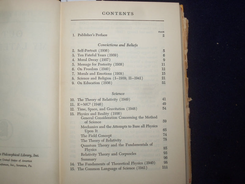 1950 OUT OF MY LATER YEARS HARDCOVER BOOK BY ALBERT EINSTEIN - KD 9115