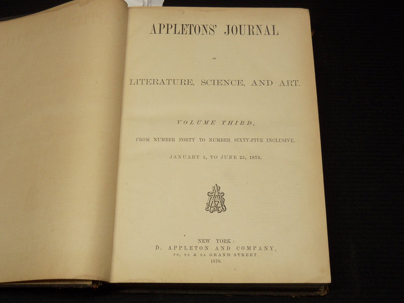 1870 JAN-JUNE APPLETON'S JOURNAL BOUND VOLUME NO. 3 - ILLUSTRATIONS - KD 7462H