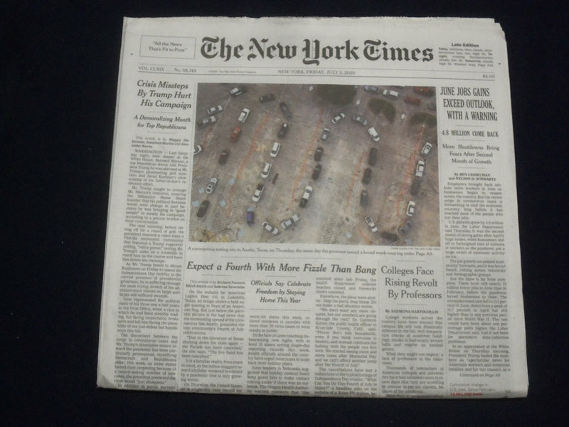 2020 JULY 3 NEW YORK TIMES - JUNE JOBS GAINS EXEED OUTLOOK, WITH A WARNING