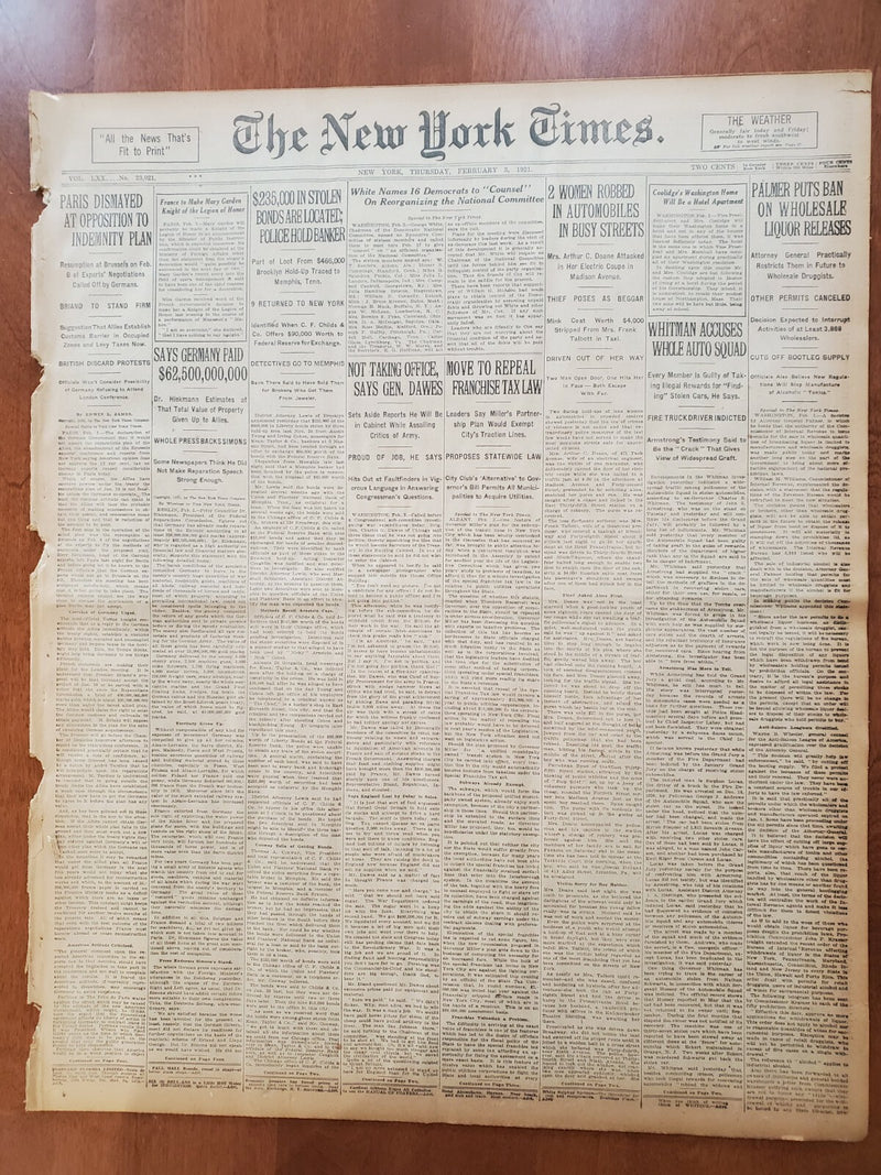 1921 FEBRUARY 3 NEW YORK TIMES - PALMER BANS WHOLESALE LIQUOR RELEASES - NT 8112
