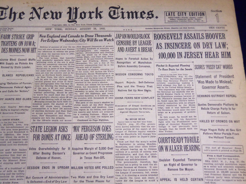 1932 AUGUST 28 NEW YORK TIMES - 100,000 HEAR ROOSEVELT IN JERSEY - NT 4052