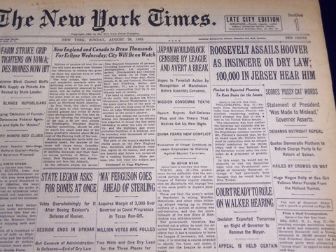 1932 AUGUST 28 NEW YORK TIMES - 100,000 HEAR ROOSEVELT IN JERSEY - NT 4052