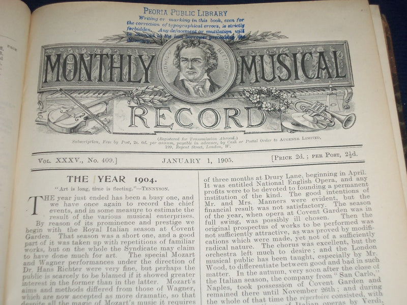 1905 JAN-DEC MONTHLY MUSICAL RECORD VOLUME NO. 35 - SCORES & ADS - KD 2152