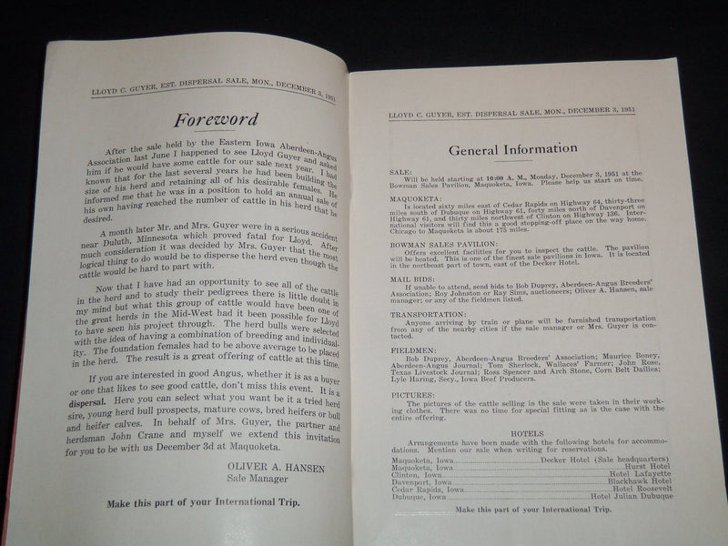 1951 LLOYD C. GUYER ABERDEEN-ANGUS BREEDERS' DISPERSAL SALE CATALOG - J 9107