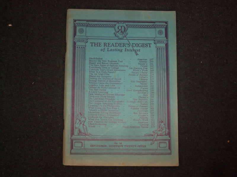 1927 SEPTEMBER THE READER'S DIGEST SOFTCOVER BOOK - NUMBER 65 - J 9912
